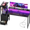 SOLAVERO Scrivania Gaming LED con Presa, 152cm Scrivania Computer Reversibile con Ripiani & Cassetti in Tessuto, Tavolo Gamer con Supporto per Monitor e Gancio per Cuffie, Nero