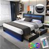 Autheria Letto Matrimoniale con Contenitore 140x190 cm con LED e USB (Supportato Senza Fili), Letto una piazza e mezza con 4 Cassetti e Testiera, Letto Contenitore con rete a doghe, Struttura Letto -Nero