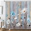 hometrixx Tenda Doccia Rustico Fattoria 180 x 200 cm Floreale di Margherita Bianco Blu Legno Farfalla Poliestere Impermeabile Tenda Vasca da Bagno con 12 Ganci Lavabile in Lavatrice per Casa Hotel