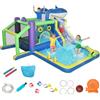 AIYAPLAY Castello Gonfiabile Bambini Grande 8 in 1, Scivolo Trampolino Piscina, Arrampicata, Tubo Acqua, Canestro, Porta Calcio, Soffiatore, Tema Squali, Borsa, Interni Esterni, 3-8Anni, 405x345x235cm