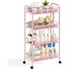 Urackify Carrello cucina 4 ripiani, Rosa | Metallo antiruggine, Cestino rete traspirante, Ganci laterali, Facile da montare, Bagno, Cucina, Lavanderia
