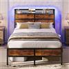 IRONCK Letto 120x200 cm, Struttura Letto 120x200 cm con Luce LED e Stazione di Ricarica (2 Prese CA, 1 Porte USB+Tipo-c) Telaio Letto in Metallo, spazio di, Marrone Vintage