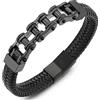 COOLSTEELANDBEYOND Uomo Acciaio Bracciale Nero Catena di Bicicletta Moto Motociclo, Braccialetto di Nero Pelle Cuoio Intrecciata