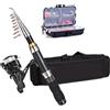 Walmeck Kit Completo Combinato Mulinello da Pesca, Canna da Pesca Telescopica Retrattile con Mulinello Spinning, Scatola per Attrezzatura, Esche, Ganci, Girelle, Perline, Spill (Asta 2,1 m)