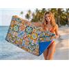 o-day Telo Mare Cotone Leggero Doppio Tessuto - Asciugamano Mare con Pon Pon, Fantasia Maiolica Mediterranea (Vietri - Tinta Blu)