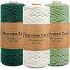 YGVQN Corda Macramè 3mm x 100m, Set 3 Filo di Cotone Naturale Verde Scuro, Verde Chiaro e Beige, Per Piante Sospese, Decorazione Boho, Natale, DIY Artigianato e Regali Fatti a Mano