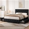 Yaheetech Letto Imbottito Matrimoniale 2 Cassetti (Nero, 140 x 200 cm) | Letto Contenitore Doghe Legno Testiera Regolabile Camera da Letto Moderno