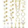 JeweBella 24 Pezzi 16G Piercing Orecchio Acciaio Chirurgico Set Argento/Oro Orecchini Cartilagine Cerchio Helix Trago Orecchini a Bottone Labbra Conch