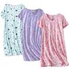PNAEONG 3 Pack Women's Cotton Nightgown Sleepwear Short Sleeves Shirt Casual Print Sleepdress SY003-Paisley+Purple+Star-L
