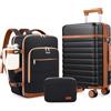 UKEIN Set di 3 valigie, bagaglio a mano da 20 pollici con ruote girevoli, set di valigie rigide in PC con serratura TSA, valigia resistente da portare con zaino da viaggio per uomo, Nero e marrone., 3