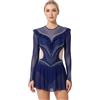 Linyuir Dame Abiti Pattinaggio Artistico Maniche Lunghe in Maglia Trasparente Abiti Pattinaggio su Rotelle Danza con Glitter Strass Ruching Leotard con Gonna Tutu Blu Navy S