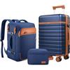 UKEIN Set di 3 valigie, bagaglio a mano da 20 pollici con ruote girevoli, set di valigie rigide in PC con serratura TSA, valigia resistente da portare con zaino da viaggio per uomo, Blu, 3 piece set