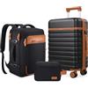UKEIN Set di 3 valigie, bagaglio a mano da 20 pollici con ruote girevoli, set di valigie rigide in PC con serratura TSA, valigia resistente da portare con zaino da viaggio per uomo, nero, 3 piece set