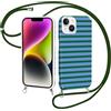 Kivlclri Righe Cover per iPhone 14 / iPhone 13 6,1'' con Cordino, Cellulare Aesthetic Estivi Blu Verde Striped Motivo Disegno Traslucida Silicone Case Corda con Regolabile Laccio Antiurto Custodia