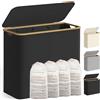 SONGMICS Cesto Portabiancheria con Coperchio a 4 Scomparti, Cesta per Bucato, 200 L, Sacco Rimovibile, Tessuto Oxford, Manici di Bambù, Pieghevole, 78 x 38,5 x 70,5 cm, Nero Inchiostro LCB514BH01