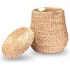 Decorasian Cesto per la biancheria intrecciato con coperchio - grande e rotondo - grande cesto in giacinto d'acqua con manico - Raccoglitore per la biancheria in rattan con manico - Conservazione - 46