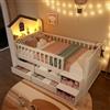 Dolamaní Lettino per bambini 90 x 200 cm, letto a mezza altezza, 4 cassetti grandi e striscia luminosa a LED, legno di pino, design a forma di casa, bianco (senza materasso) (C)