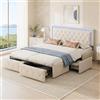 KeepGoon Letto imbottito 160 x 200 cm, testiera a LED e 4 cassetti, letto matrimoniale, letto per bambini, rete a doghe in legno, senza materasso, materiale PU, testiera regolabile (beige)