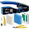 Hiija Pinza Crimpatrice RJ45 Passante Kit 8P8C per Ethernet Cat6 Cat5e Cat5, con 50 Connettori RJ45 Cat6, 50 Coperture, Tester Cavi LAN RJ45/RJ11, Spelafili e Tagliacavi