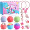 MeCids Bombe da bagno biologiche per bambini con giocattolo a sorpresa all'interno, confezione da 6 con braccialetti e anelli, kit di bombe da bagno a bolle per ragazze per compleanno e Natale