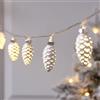 Lights4fun - Catena Luminosa di Natale, Girlanda di Luci Micro LED Bianco Caldo, Pigne in Vetro color Argento, Addobbi Albero, Illuminazione Natalizia, Casa, Interni, a Batteria, con Timer, 1,35m