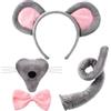 Binnan Set di 4 Costumi da Topo, Cerchietto con Orecchie da Topo, Orecchie Naso Coda di Topo e Papillon Kit, Set di Costumi da Animale per Feste Halloween Carnevale Cosplay Compleanni