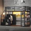 Soweiz Letto a soppalco in metallo, 140 x 200 cm, con ripiani, armadi e armadi, illuminazione a LED, lettino per bambini, colore: nero