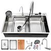 ATHOMASM Lavello da cucina argentato, 90 x 50 cm, lavello da cucina in acciaio inox 304, con rubinetto estraibile a cascata, lavello per tazze, dispenser di sapone, sifone, tubo di scarico, grande, resistente