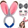 WGIJXA Orecchie Coniglio Donna Cerchietto con Grigie Papillon e Tatuaggi Facciali, Adulto Cerchietti Accessori Costume Carnevale Pasqua