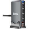 Agrdeed 800W Caricatore USB Multiplo, 10 Porte (8 USB-C + 2 USB-A) con Ricarica Rapida, Caricatore PD PPS 100W Alimentazione per MacBook, iPad Pro/Air etc