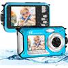 LEOLAMVAED 64MP Macchina Fotografica Subacquea Con Scheda Di Memoria Da 32 GB, 4K Fotocamera Subacquea Con Autofocus E Doppio Schermo Selfie HD, 5 Metri Fotocamera Subacquea Digitale (2 Batterie)
