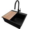 PRIMAGRAN Lavandino da Cucina Tutto Nero 58x50cm, Lavello in Granito a 1 vasca + Rubinetto 40x20cm + Set di accessori, Lavabo da Cucina Incasso al Mobile 60cm - Riga S358