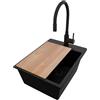 PRIMAGRAN Lavandino da Cucina Tutto Nero 38x50cm, Lavello in Granito a 1 vasca + Rubinetto 40x38cm + Set di accessori, Lavabo da Cucina Incasso al Mobile 40cm - Riga S096