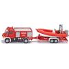 Siku 1636, Unimog dei Vigili del Fuoco con Barca, 1:87, Metallo/Plastica, Rosso, Autopompa e Barca Galleggiante, Pneumatici in Gomma, Gancio di Traino