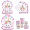 LGWJHCY Stoviglie a tema unicorno, 64 pezzi, set per feste di compleanno con unicorno, piatti di carta, bicchieri, tovaglioli, decorazioni per feste di compleanno per bambini, 16 ospiti