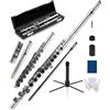AKLOT Flauto da concerto in Do a foro chiuso: strumento flauto con 16 chiavi, Sol sfalsato, chiavi in nichel nero lucido, cuscinetti ermetici, include elegante custodia rigida in pelle, kit di pulizia