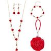 UNICRAFTALE 1 set da 4 pezzi con rose rosse, set di gioielli con fiori, collana e orecchini, bracciale per donne, pochette rosa, pochette dorate, per feste, regalo per la festa della mamma