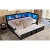 Ligterra Daybed - Letto per ragazzi in metallo, 90 x 200 cm, con letto estraibile, armadi, letti singoli con illuminazione a LED e porte USB, divano letto, senza materasso (nero)