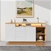 SUKY Credenza multifunzionale, lunghezza 140 cm, bianco e finto legno, 2 ante, 3 cassetti, 2 scomparti aperti, con illuminazione a LED, 140 x 40 x 70 cm