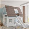 Moimhear Letto a castello, 140 x 200 cm, in legno di pino + MDF, con rete a doghe, con tetto e scala, senza materasso (con scivolo, bianco+marrone)