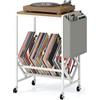 COSTWAY Supporto per Giradischi, Porta Dischi Vinili in Legno e Metallo, Mobile con Tasca Organizer e Ruote, Fino a 200 Album, per Soggiorno, Studio e Camera da Letto (Naturale + Bianco)