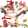 OMYbaby Set Trenino in Legno con Trenino Elettrico e Gru Magnetica, 86 Pezzi Pista Ferroviaria da Costruzione, Doppio Livello con Scambi Ferroviari, Compatibile con Thomas, Brio, IKEA, Gioco STEM Regalo