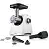 Bosch - Tritacarne Serie 6 MFWS607W, 3,5 kg/min, 2 dischi forati (4,5 e 8 mm), 2 livelli, ritorno, fermaporta per salsicce, attacco kebbe, 10 J motore, ingranaggi planetari, bianco
