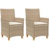 vidaXL Sedie Giardino con Cuscini 2 pz Beige Polyrattan Legno Massello