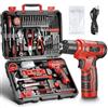 XIAZIR Set di utensili 233 pezzi con trapano avvitatore a batteria, cassetta attrezzi completa per fai-da-te a casa con cacciaviti, pinze, martello, punte e accessori (Rosso)