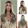 AOWVUTS Parrucca Lunga Ondulata Ombre Biondo con Frangia per le Donne 65cm Capelli Ricci Sintetici Naturali Parrucche Resistente al Calore per Uso Quotidiano Partito Cosplay