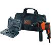 Black & Decker BLACK+DECKER BEH710SA32-QS Trapano a percussione con filo ad alte prestazioni per muratura metallo e legno velocità variabile per precisione, Include 32 accessori in borsa morbida, Potenza motore 710 W