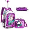 Egchescebo Zaino Trolley Scuola Elementare Unicorno con Perline Bambina Ruote Regoli da Viaggio Carrello Porta per La Bimba Ragazza Seven Media Asilo Bambino Superiori Ragazza Rotelle 17 3pcs Viola
