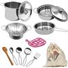 Faroby Set da Gioco per pentole e padelle per Bambini, 12 Utensili da Cucina Finti in Acciaio Inossidabile con Borsa