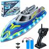 Yaskyly Barca Telecomandata, Barca RC con luce LED per Bambini, 30+ Minuti, 25+ KMH, 2.4GHz Barche da Corsa,2 Batterie,Giocattoli da Piscina per Bambini, Barca ad Alta Velocità per Lago/Piscina/Stagno